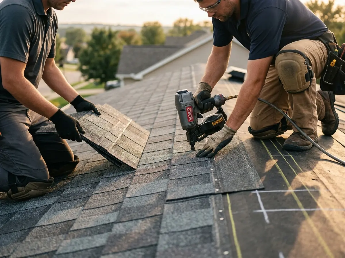 Professional roofer working on a residential roof in La Puente